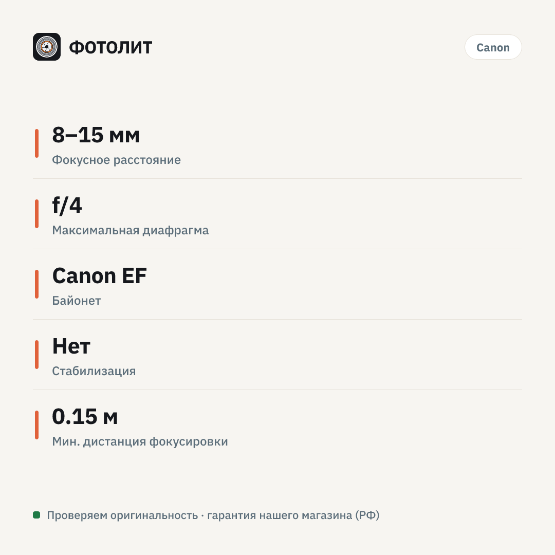 Объектив Canon EF 8-15mm f/4L Fisheye USM — инфографика характеристик