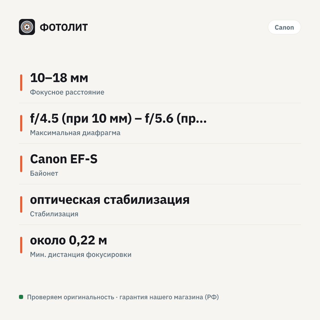 Объектив Canon EF-S 10-18mm f/4.5-5.6 IS STM — инфографика характеристик