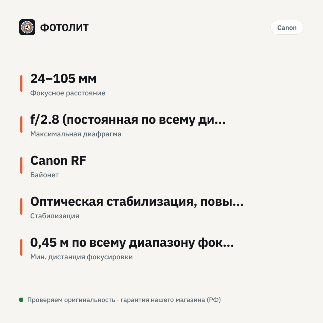 Объектив Canon RF 24-105mm f/2.8 L IS USM Z — инфографика характеристик