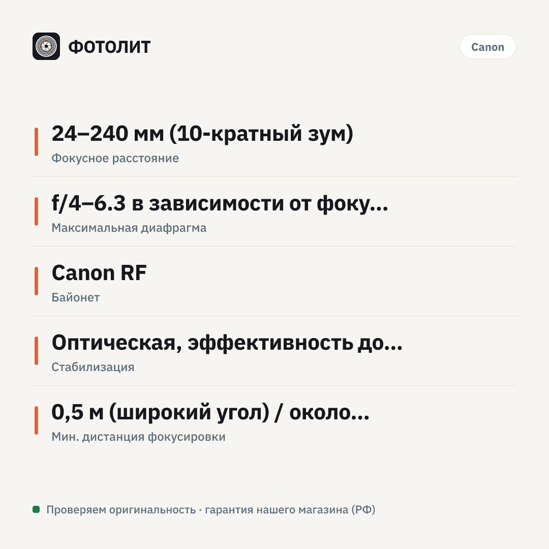 Объектив Canon RF 24-240mm f/4-6.3 IS USM — инфографика характеристик