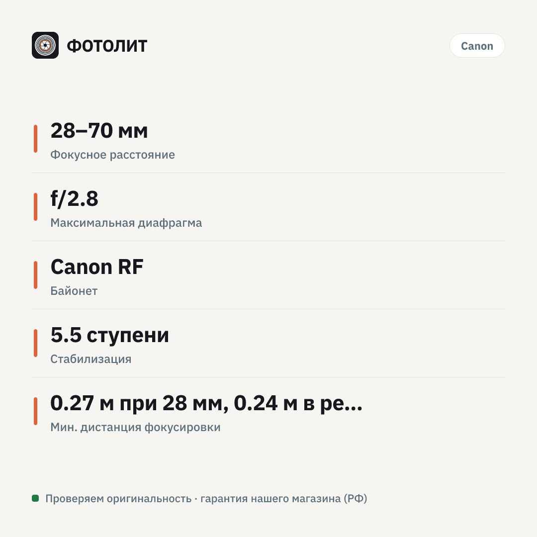 Объектив Canon RF 28-70mm f/2.8 IS STM — инфографика характеристик