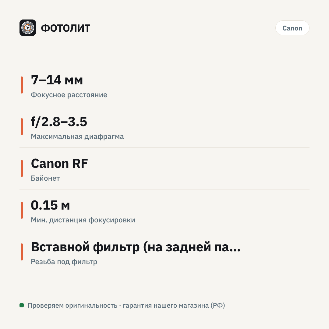 Объектив Canon RF 7-14 мм f/2.8-3.5 L Fisheye STM (Canon RF) — инфографика характеристик