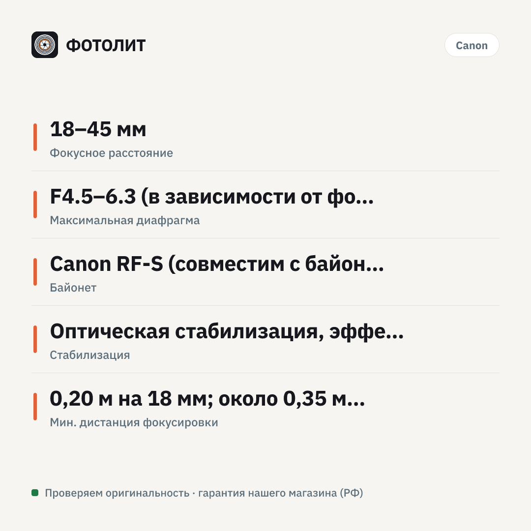 Объектив Canon RF-S 18-45mm F4.5-6.3 IS STM — инфографика характеристик