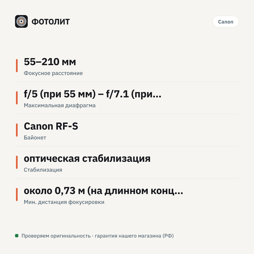 Объектив Canon RF-S 55-210mm f/5-7.1 IS STM — инфографика характеристик