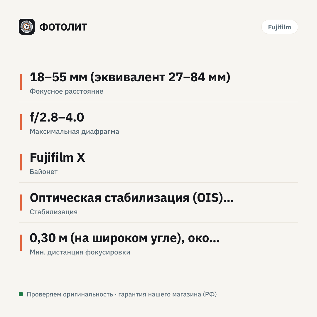 Объектив Fujifilm Fujinon XF 18-55mm f/2.8-4 R LM OIS — инфографика характеристик