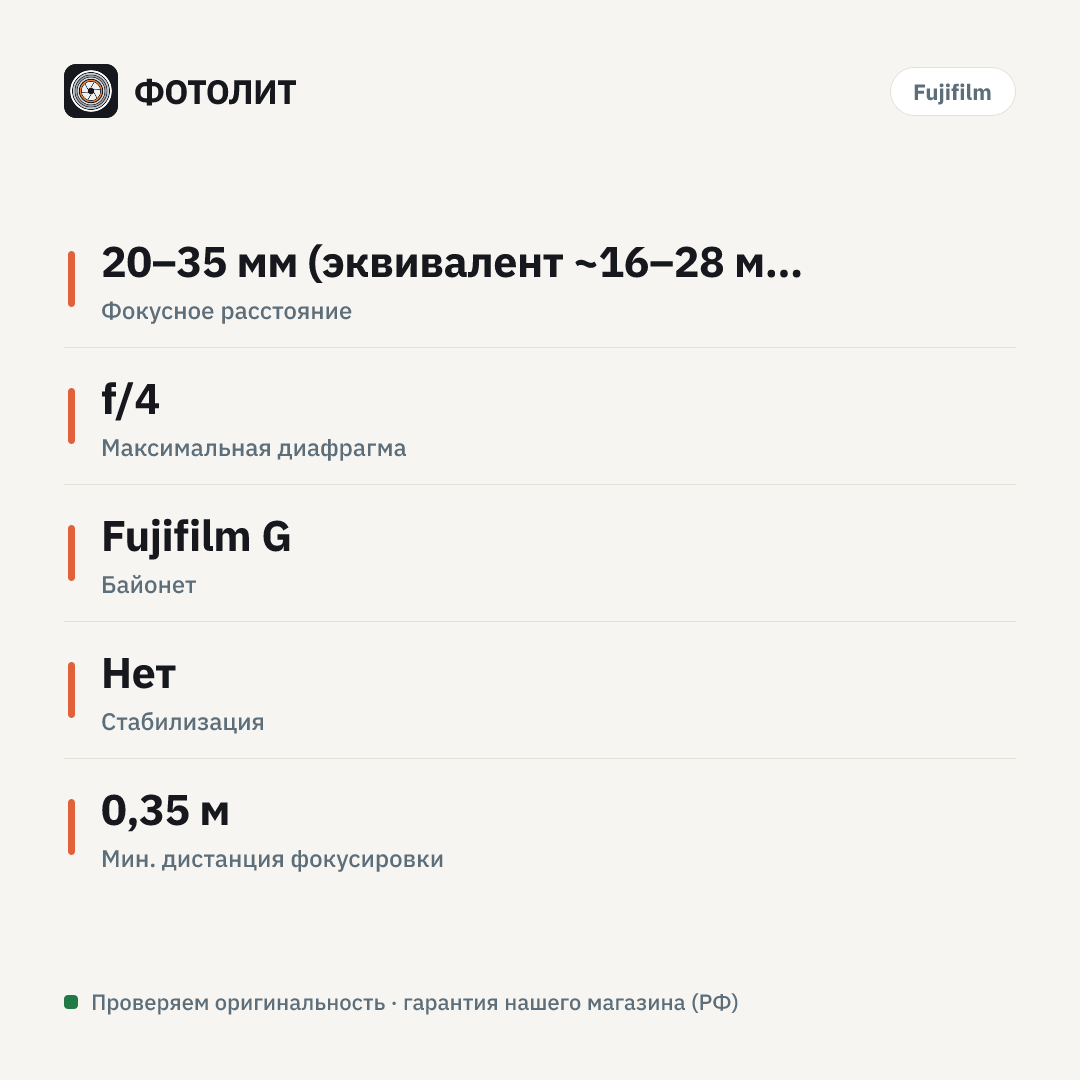 Объектив Fujifilm GF 20-35mm f/4 R WR — инфографика характеристик