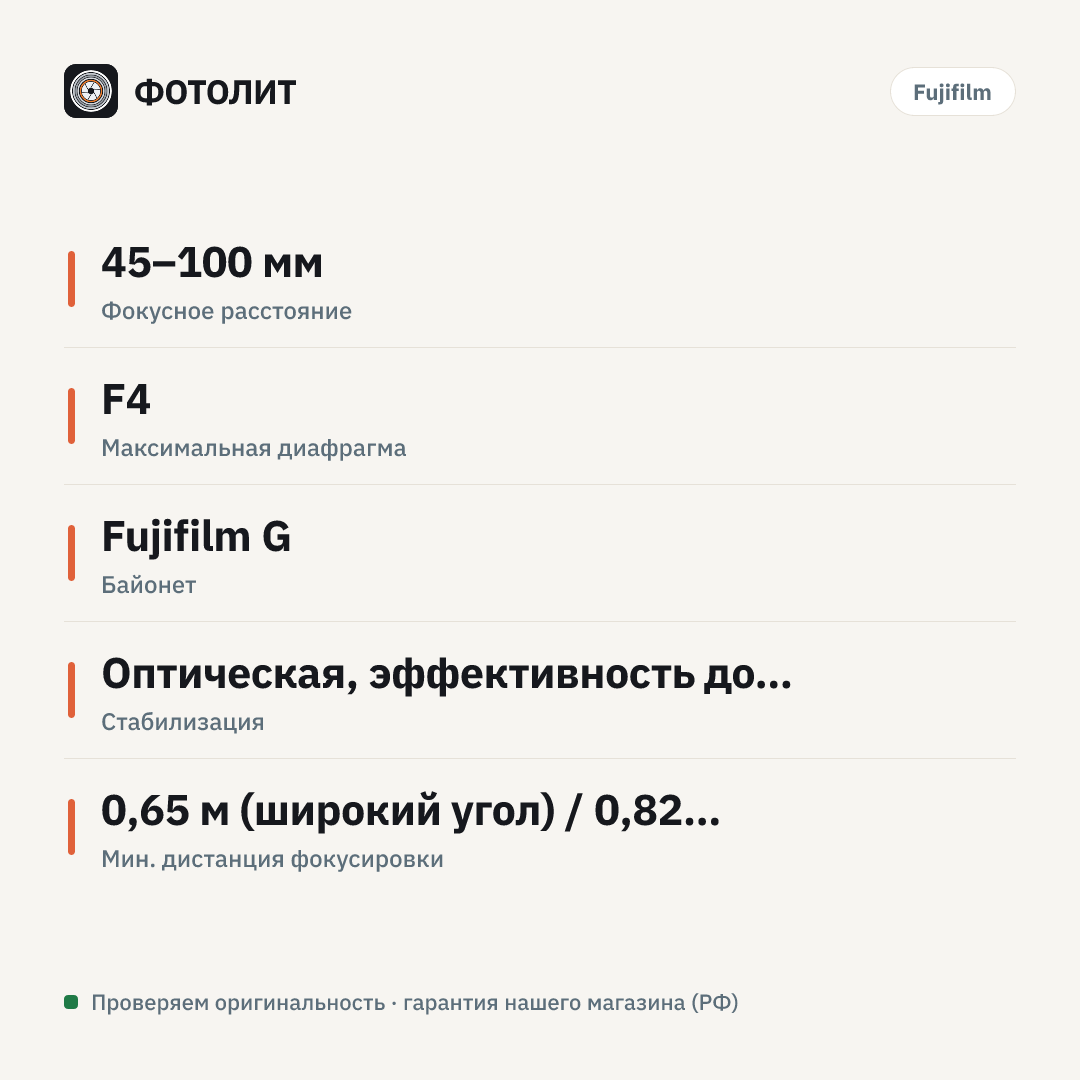 Объектив Fujifilm GF 45-100 mm f/4 R LM OIS WR Fujinon — инфографика характеристик