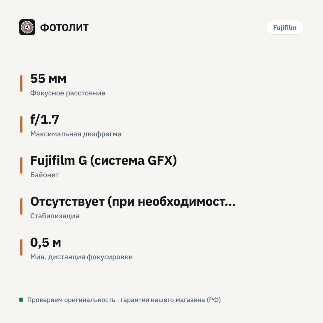 Объектив Fujifilm GF 55mm f/1.7 R WR — инфографика характеристик