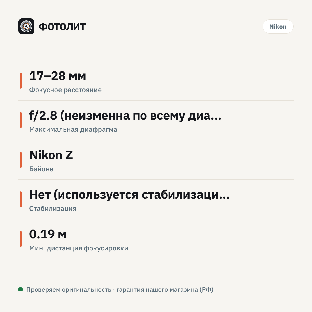 Объектив Nikon 17-28mm f/2.8 Nikkor Z — инфографика характеристик