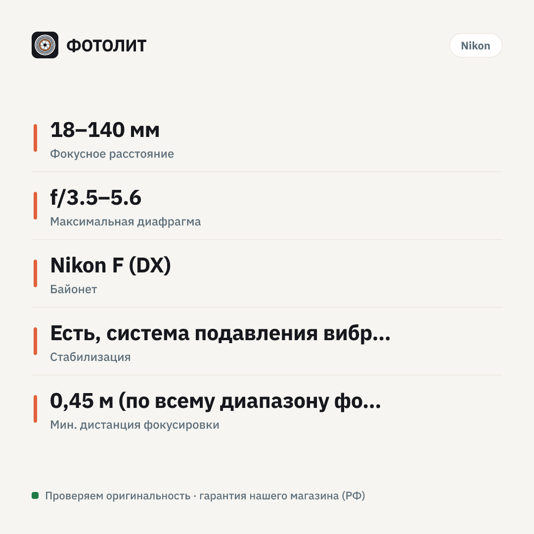 Объектив Nikon 18-140mm f/3.5-5.6G ED VR DX AF-S, черный — инфографика характеристик