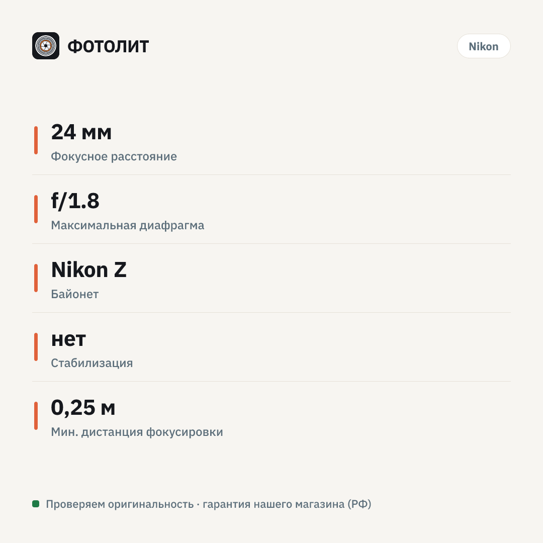 Объектив Nikon 24mm f/1.8S Nikkor Z — инфографика характеристик