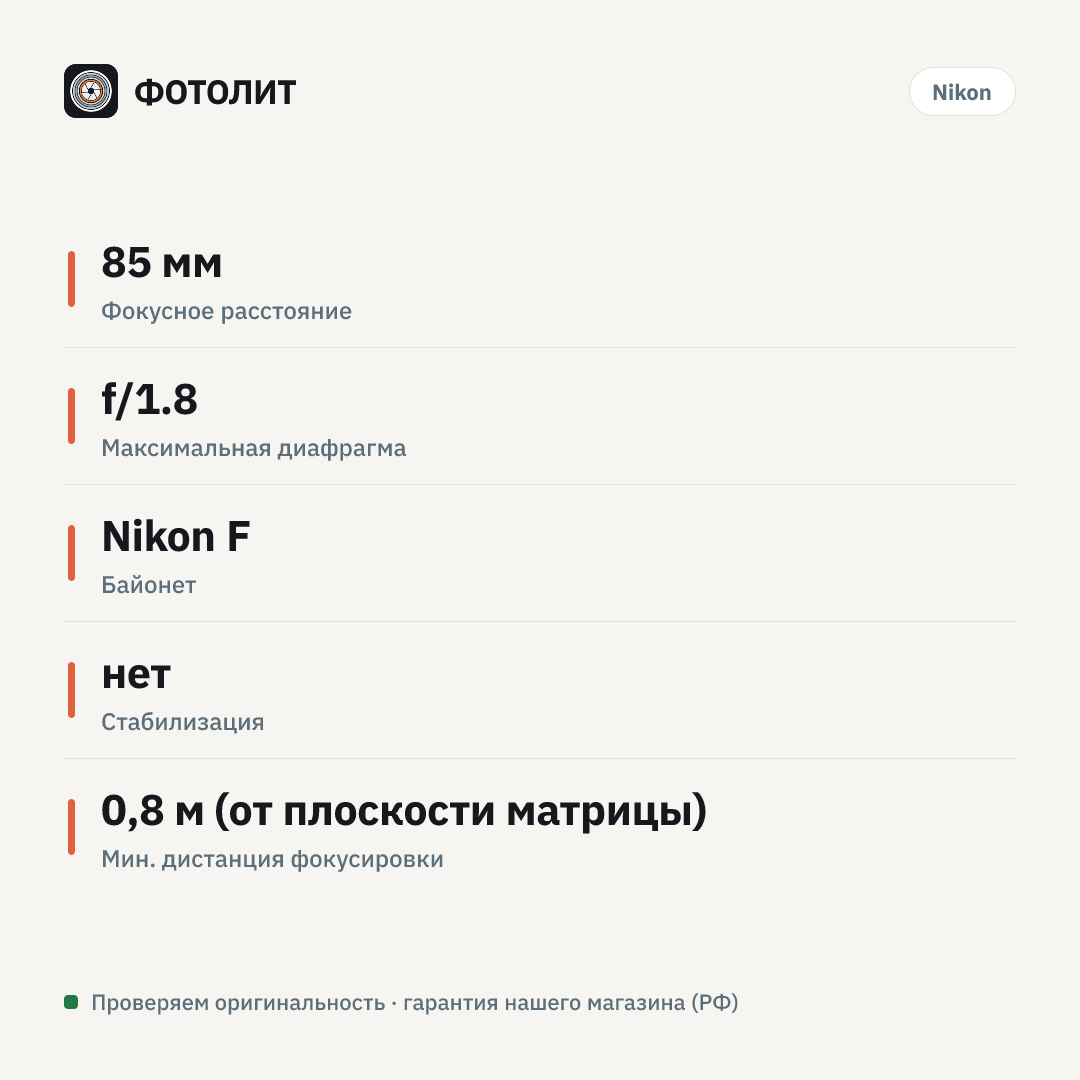 Объектив Nikon 85mm f/1.8G AF-S Nikkor — инфографика характеристик