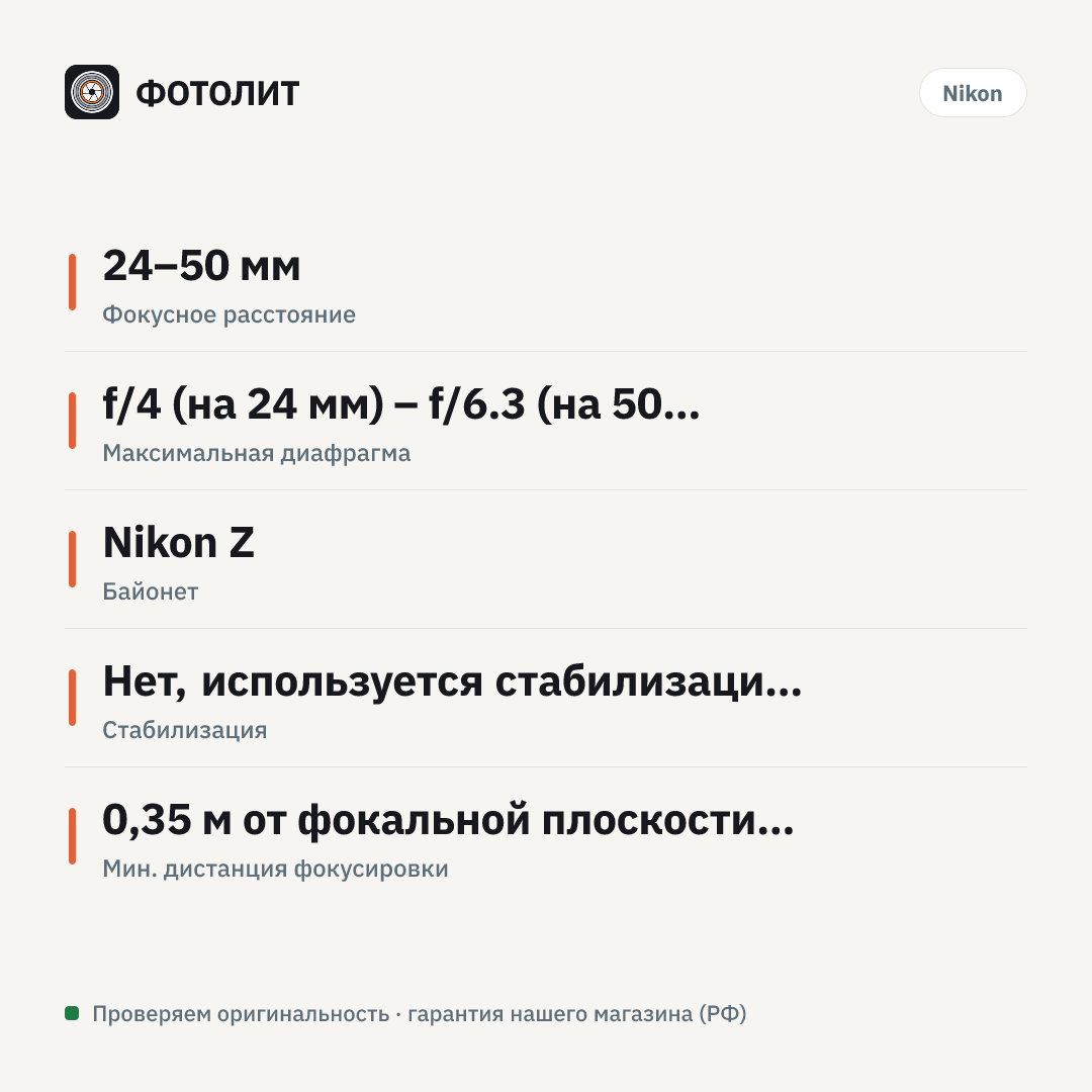 Объектив Nikon Nikkor Z 24-50mm f/4-6.3, черный — инфографика характеристик