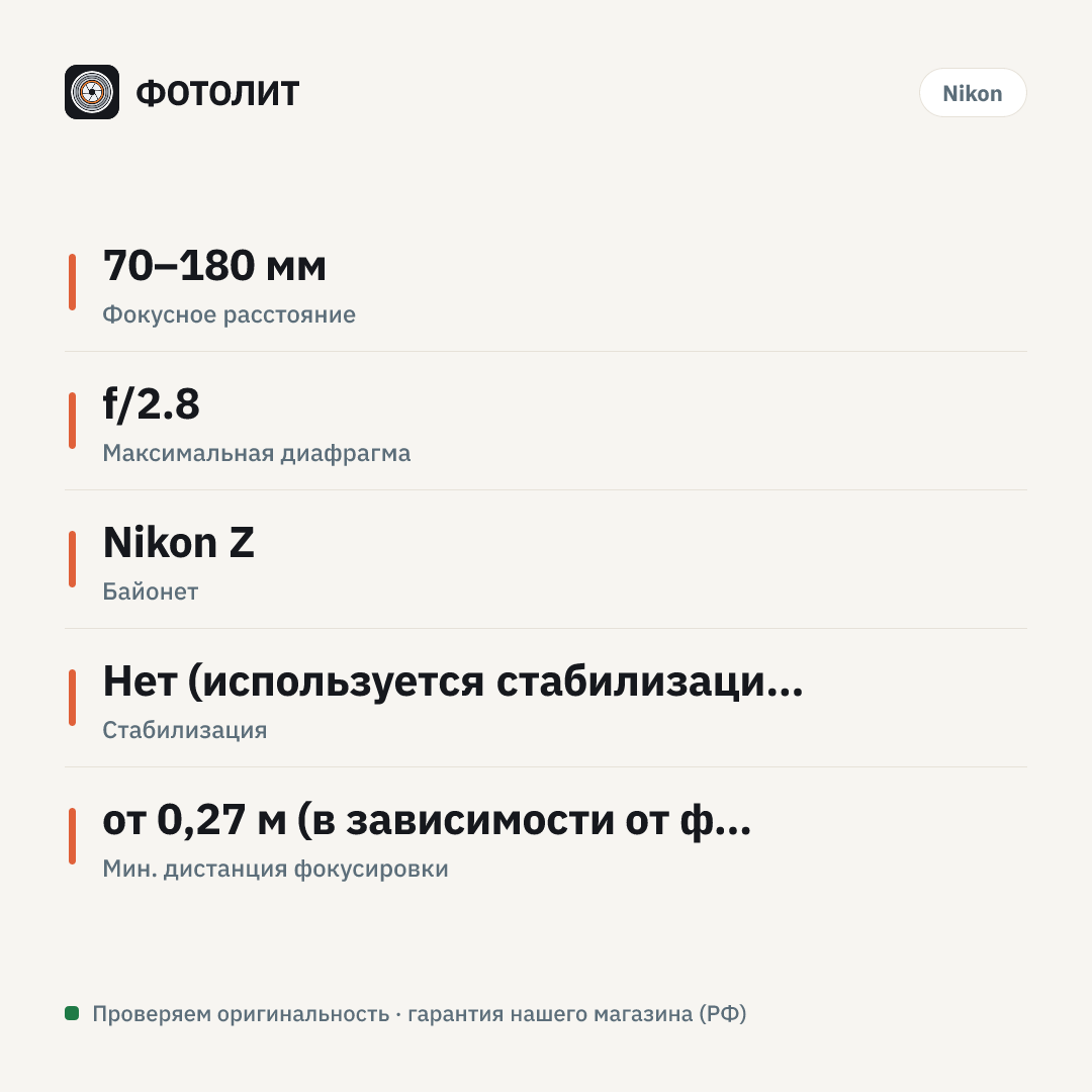 Объектив Nikon NIKKOR Z 70-180mm f/2.8, Черный — инфографика характеристик