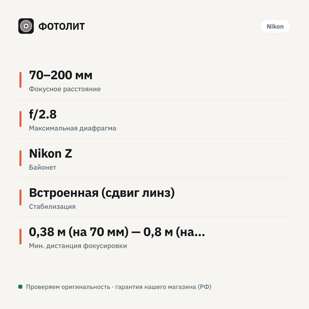Объектив Nikon NIKKOR Z 70-200mm f/2.8 VR S II (Nikon Z) — инфографика характеристик