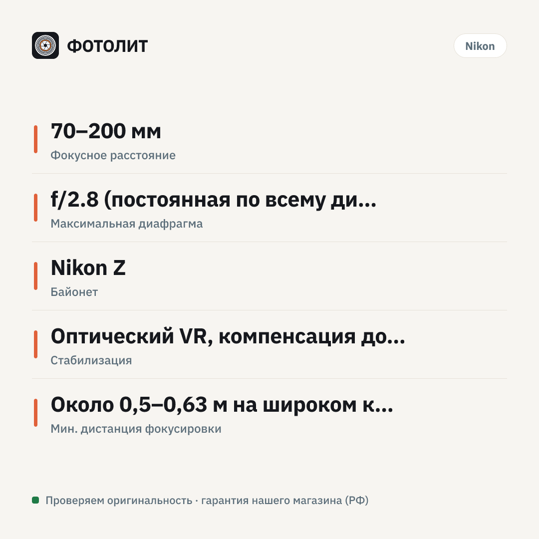 Объектив Nikon NIKKOR Z 70-200mm f/2.8 VR S — инфографика характеристик