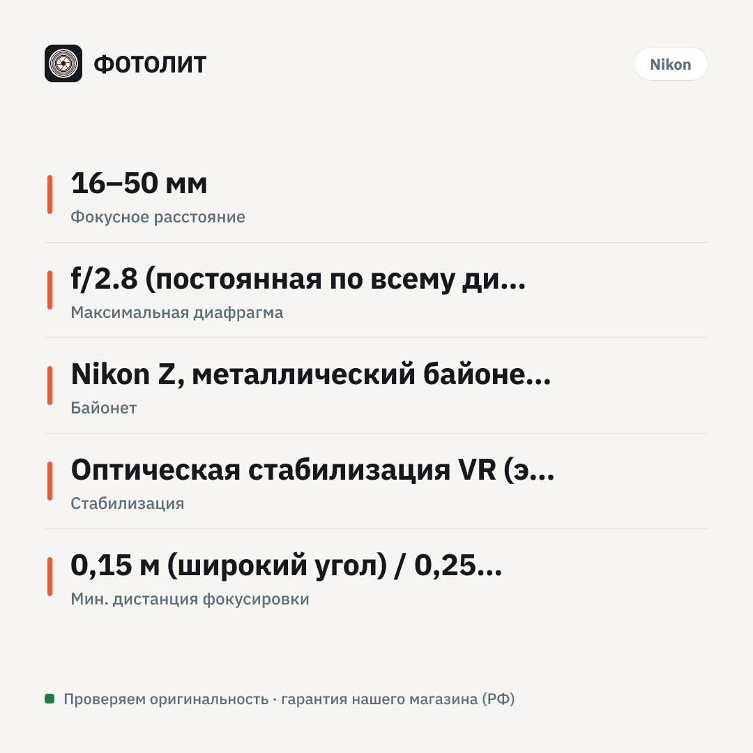 Объектив Nikon NIKKOR Z DX 16–50 мм f/2.8 VR — инфографика характеристик
