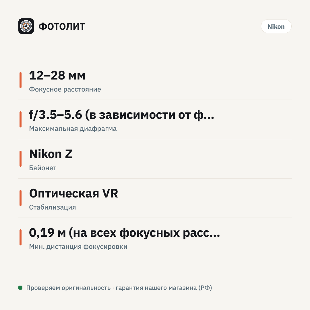 Объектив Nikon Z 12-28mm f/3.5-5.6 PZ VR DX Nikkor — инфографика характеристик