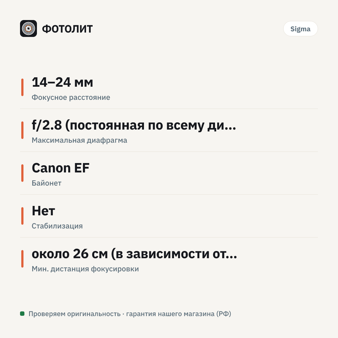 Объектив Sigma 14-24mm f/2.8 DG HSM Art Canon EF, черный — инфографика характеристик