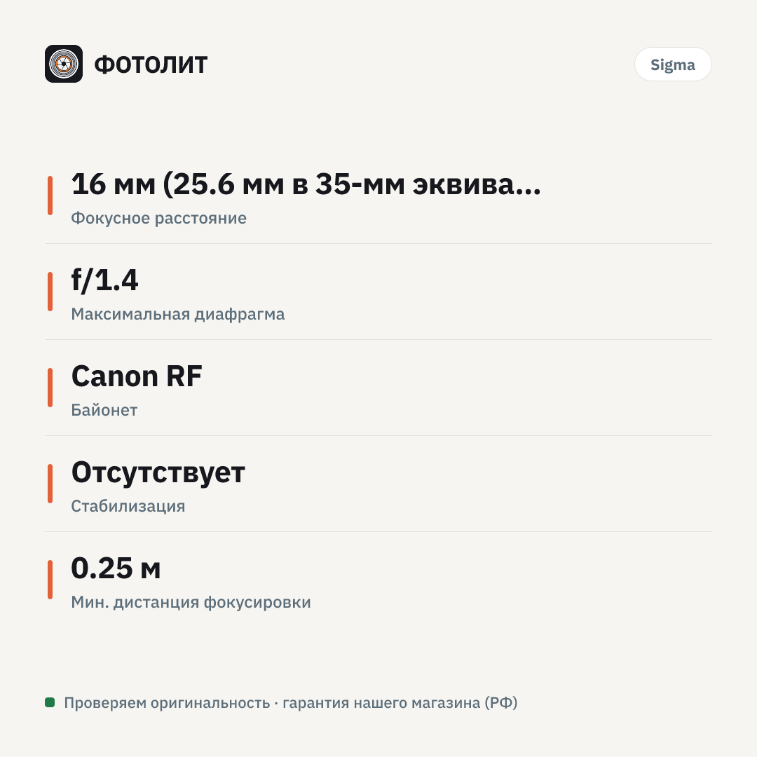 Объектив Sigma 16 мм f/1.4 DC DN Contemporary Canon RF, черный — инфографика характеристик
