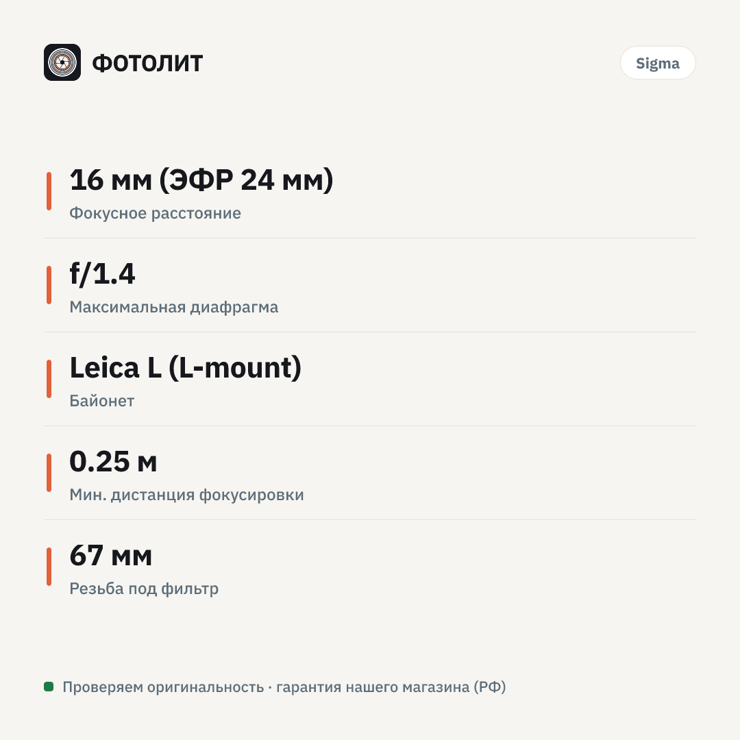 Объектив Sigma 16 мм f/1.4 DC DN Contemporary L-mount — инфографика характеристик