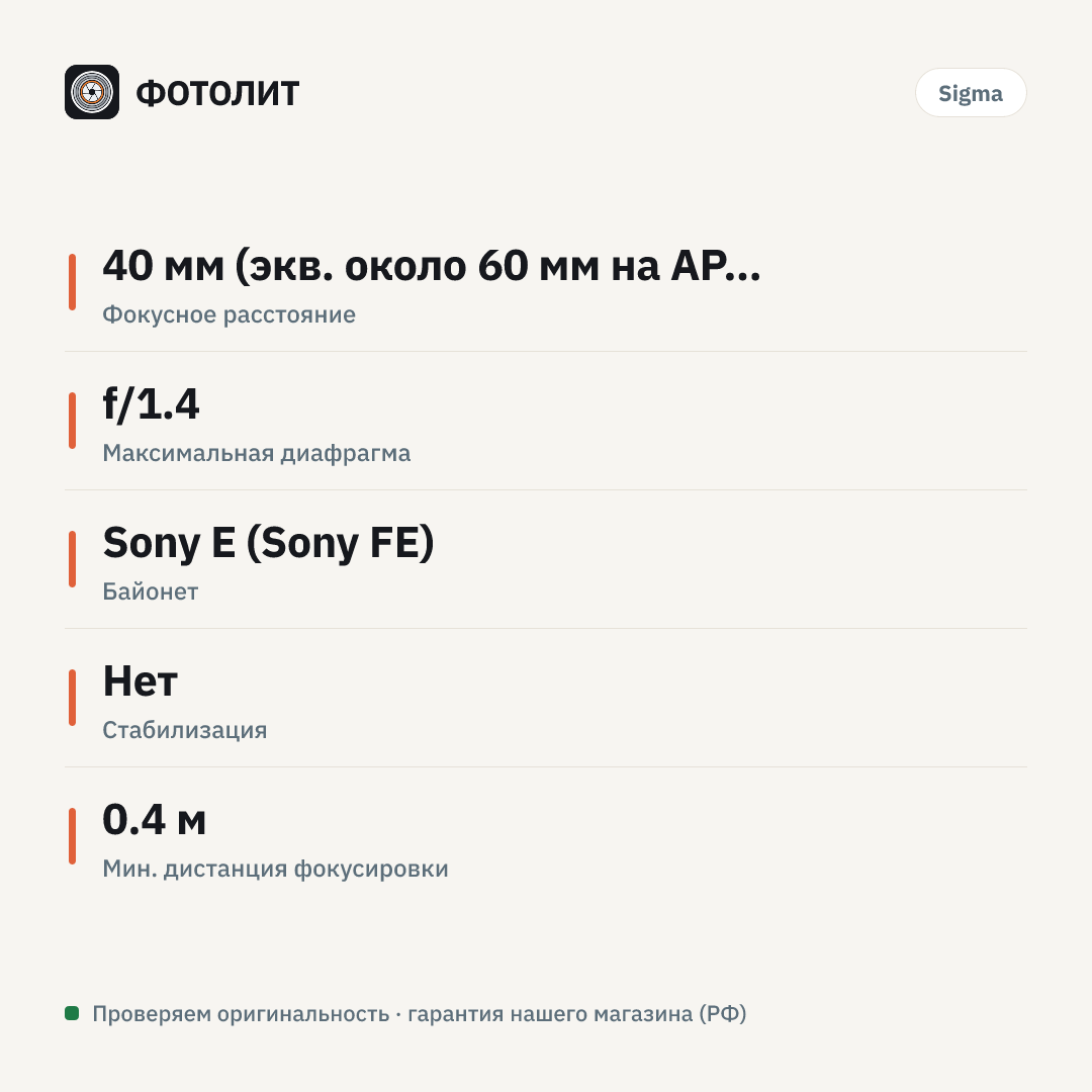 Объектив Sigma 40mm f/1.4 DG HSM Art Sony FE — инфографика характеристик