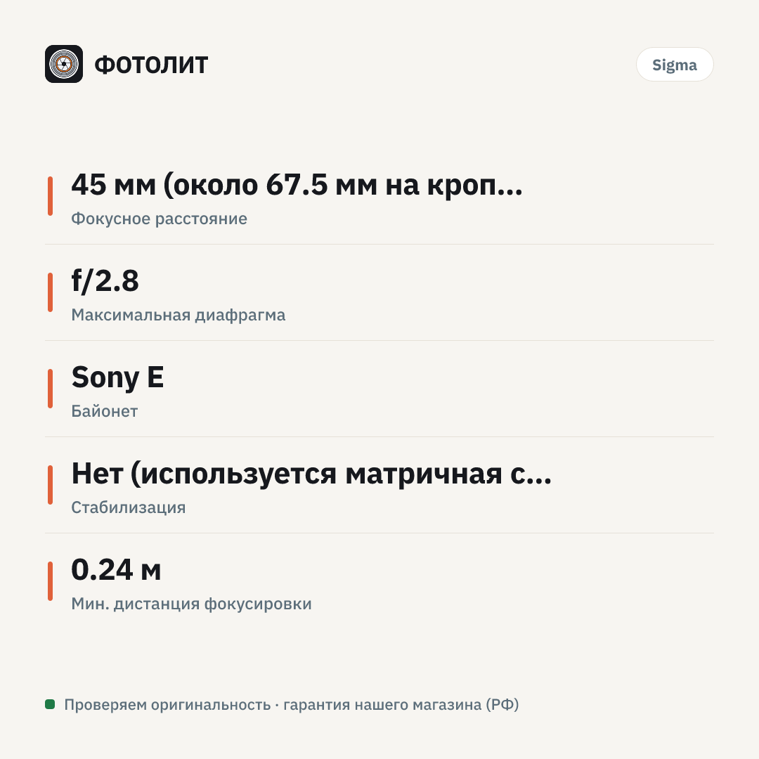 Объектив Sigma 45 мм f/2.8 DG DN для Sony E — инфографика характеристик
