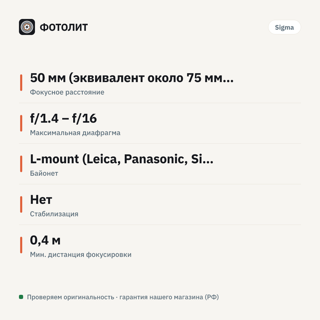 Объектив Sigma 50mm f/1.4 DG HSM Art Leica L-Mount — инфографика характеристик