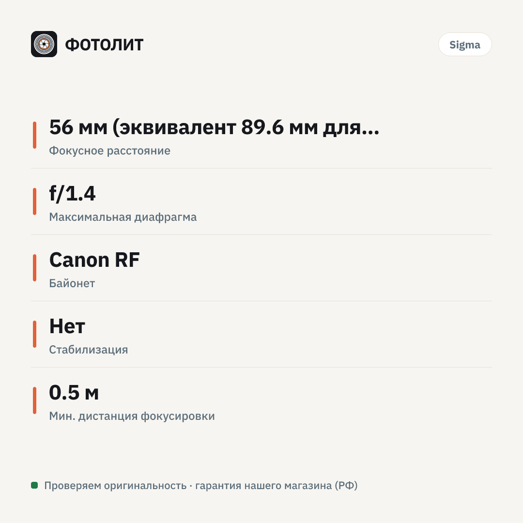Объектив Sigma 56mm f/1.4 DC DN Contemporary Canon RF (APS-C) — инфографика характеристик