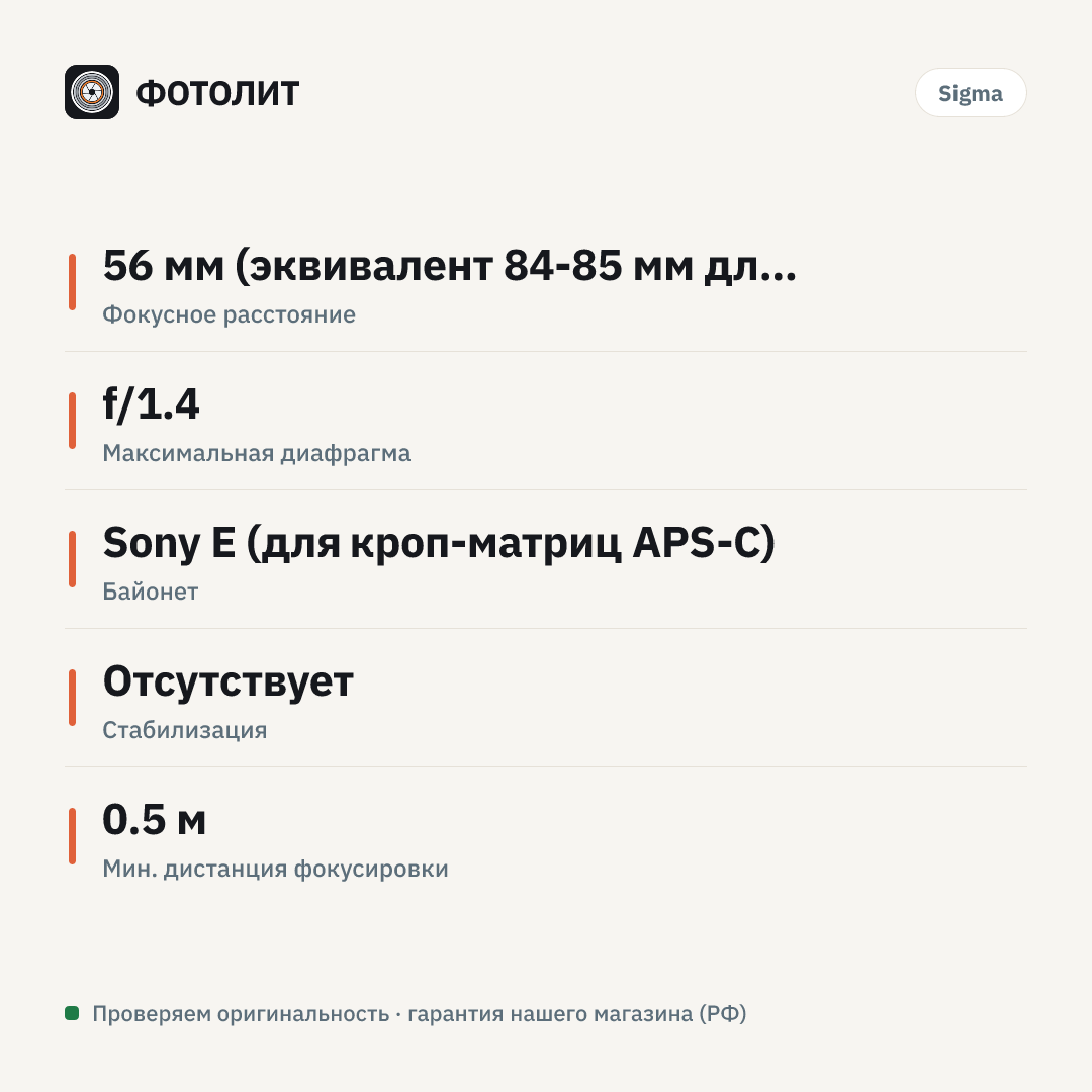 Объектив Sigma 56mm f/1.4 DC DN Contemporary Sony E — инфографика характеристик
