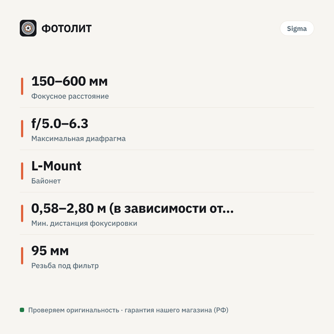 Объектив Sigma AF 150-600mm f/5.0-6.3 DG DN OS Sport L-Mount — инфографика характеристик
