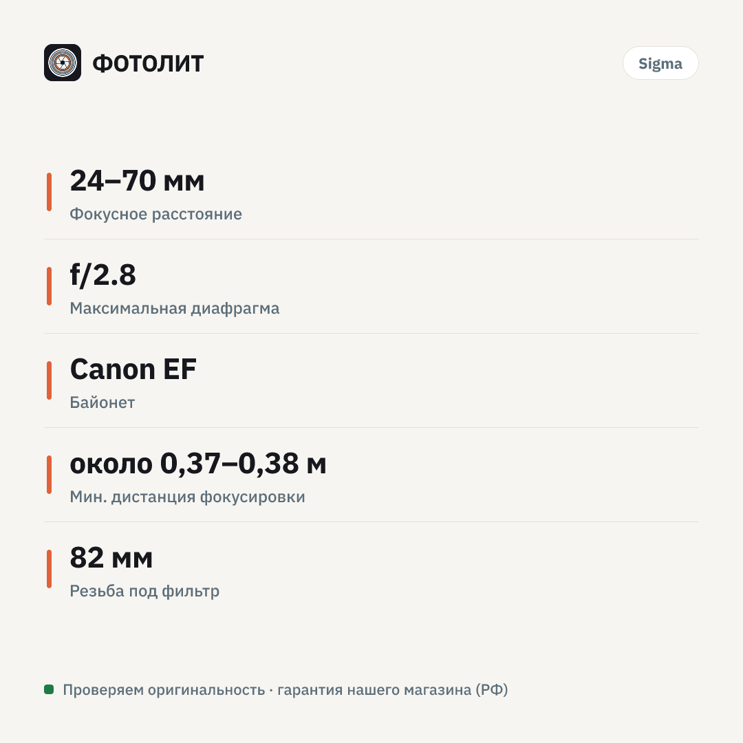 Объектив Sigma AF 24-70mm f/2.8 DG OS HSM Art Canon EF — инфографика характеристик