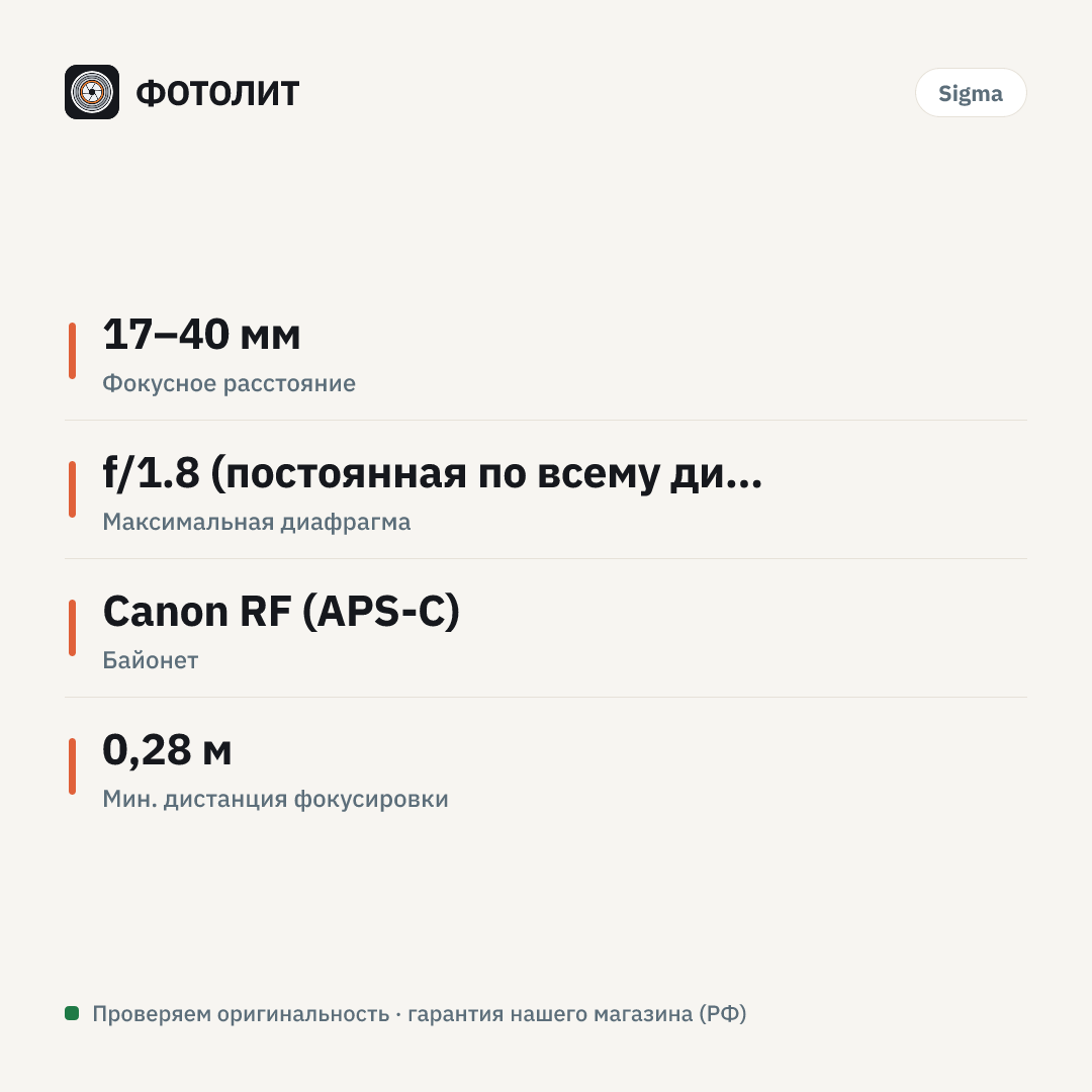 Объектив Sigma ART 17-40mm f/1.8 DC Canon RF — инфографика характеристик