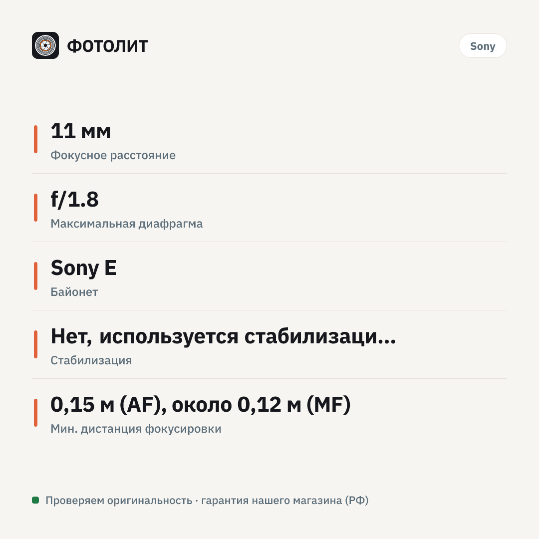 Объектив Sony E 11mm f/1.8 (SEL11F18) — инфографика характеристик