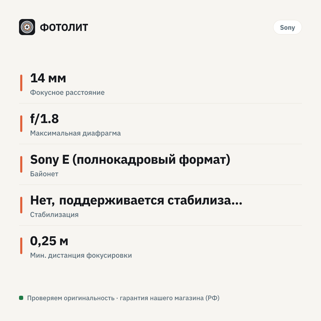 Объектив Sony FE 14mm f/1.8 GM (SEL14F18GM) — инфографика характеристик