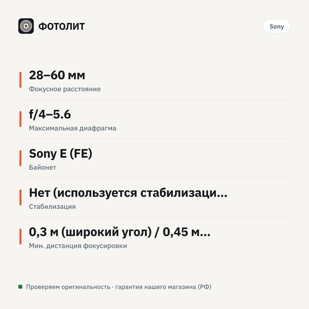 Объектив Sony FE 28–60 мм f/4–5.6 — инфографика характеристик