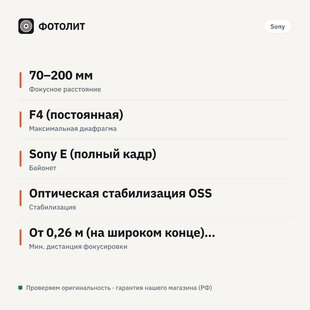 Объектив Sony FE 70-200mm f/4 G OSS II Lens — инфографика характеристик