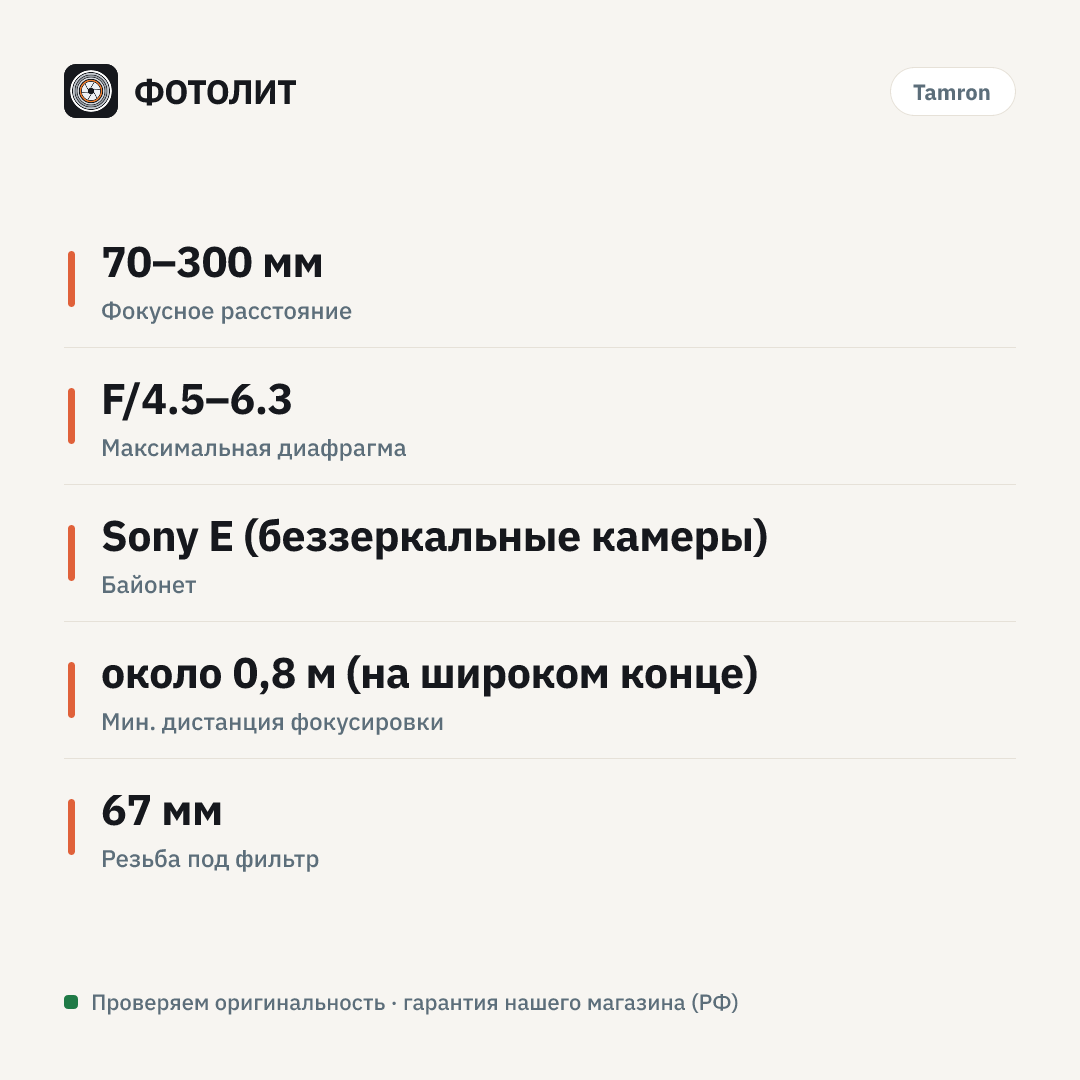 Объектив Tamron 70-300mm F/4.5-6.3 Di III RXD (A047) Sony E, черный — инфографика характеристик