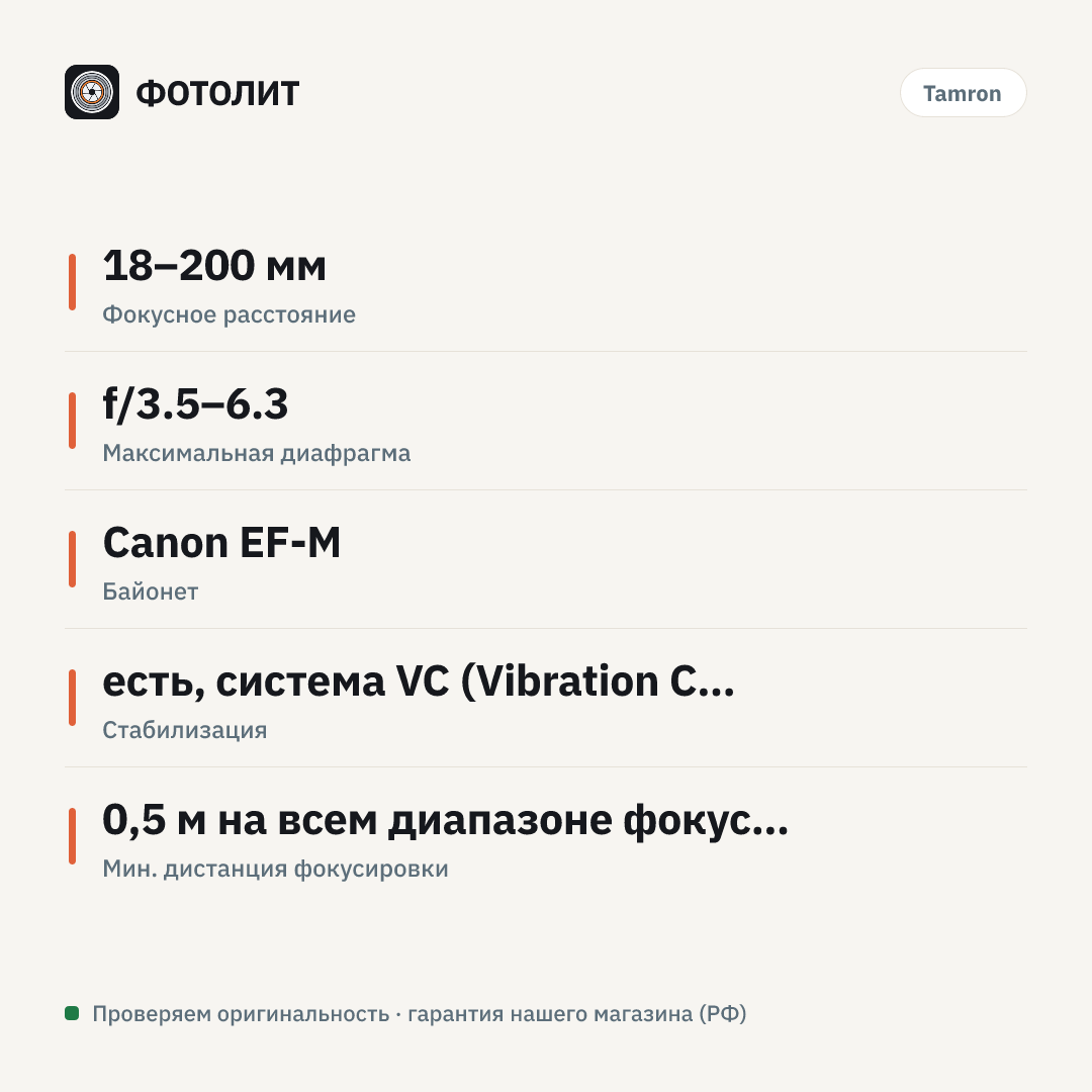 Объектив Tamron AF 18-200mm f/3.5-6.3 Di III VC (B011) Canon EF-M — инфографика характеристик