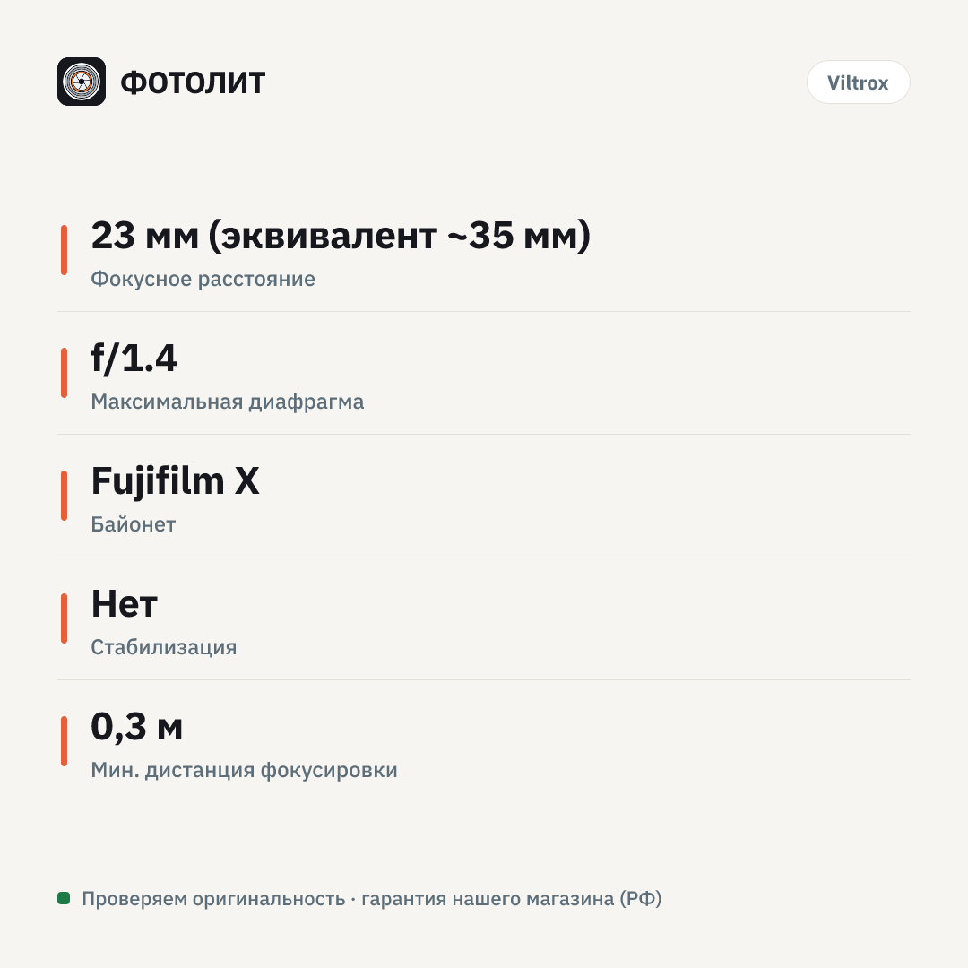 Объектив Viltrox AF 23mm f/1.4 Fujifilm X — инфографика характеристик