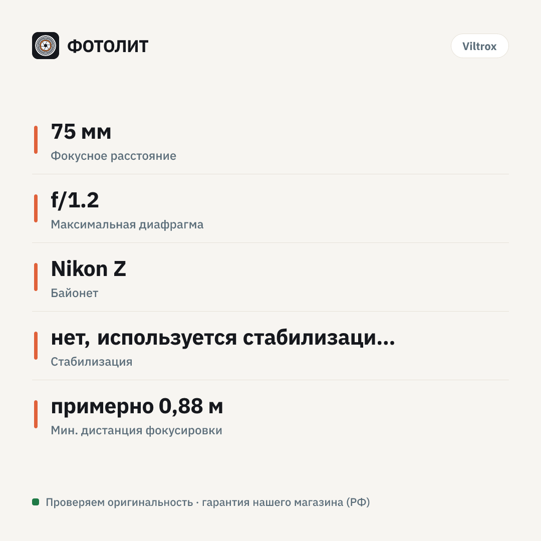 Объектив Viltrox AF 75/f1.2 Z Pro для Nikon Z-Mount — инфографика характеристик