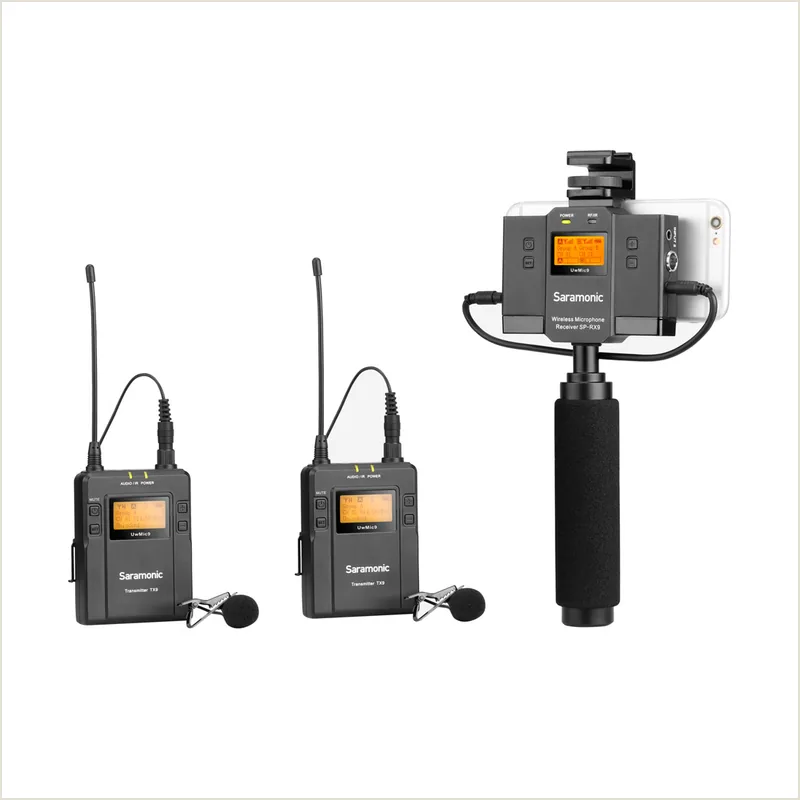 Радиопетлички Saramonic UwMic9 TX9+TX9+SPRX9 с 2 передатчиками и 1 приемником с держателем смартфона