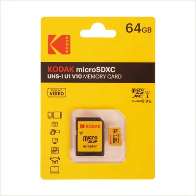 Карта памяти Kodak 64GB microSDXC UHS-I U1 V10 A1, R/W 85/25 МБ/с с адаптером (EKMSDM64GXC10F) — фото 1