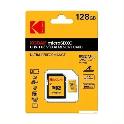 Карта памяти Kodak Ultra Performance 128GB microSDXC UHS-I U3 V30 A1, R/W 90/60 МБ/с с адаптером (EKMSDM128GXCU3IN) — фото 1